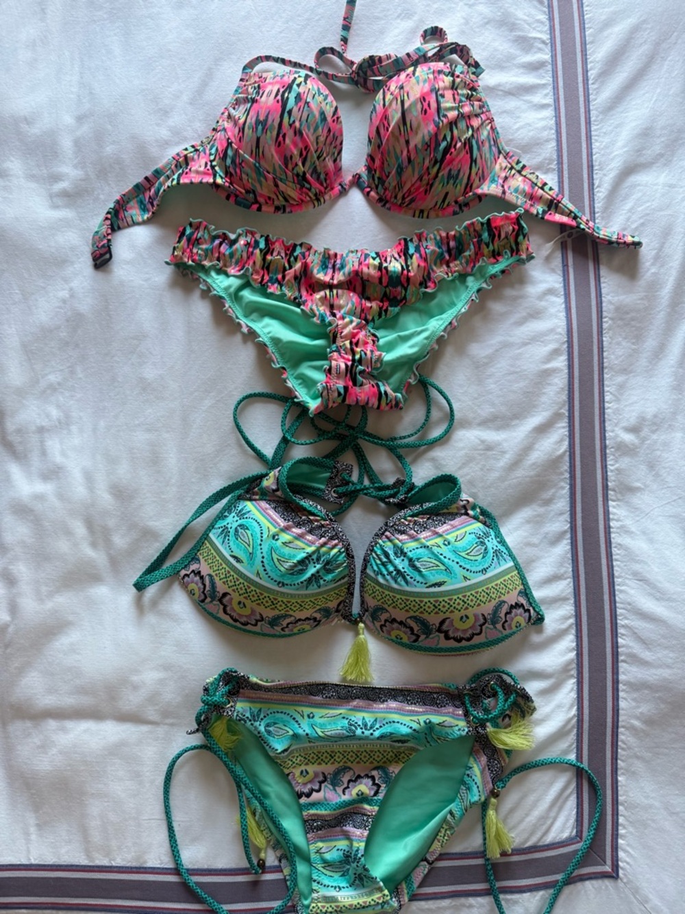 Women’s Green & Pink Patterned Bikini Set - Stylish Ruffle & Tie Details